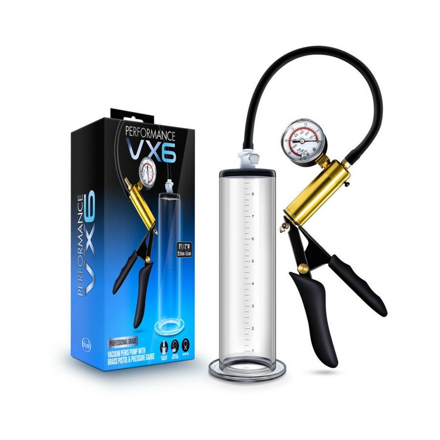 Blush Performance VX6 Vacuum Penis Pump w/Brass Pistol &amp; Pressure Gauge - Clear