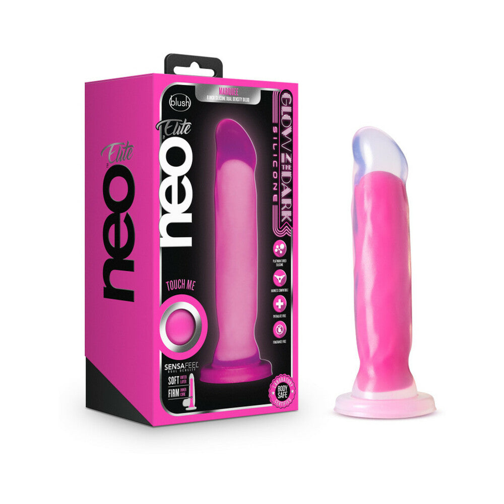 Neo Elite - Glow-In-The-Dark Marquee - 8-Inch Silicone Dual-Density Dildo - Neon Pink