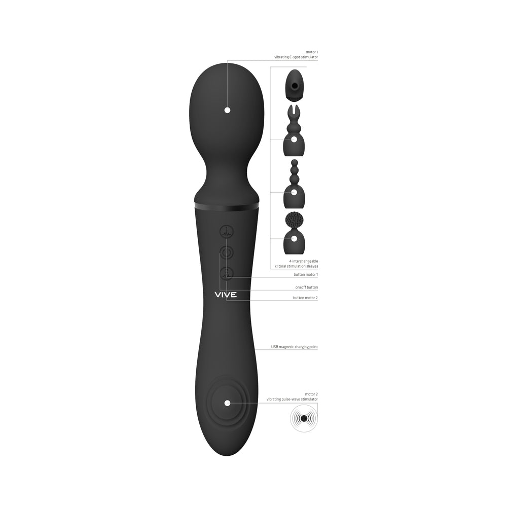 Vive - Nami Rechargeable Pulse-Wave Double-Ended Silicone Wand With Interchangeable Sleeves - Black