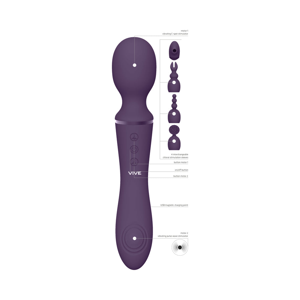 Vive - Nami Rechargeable Pulse-Wave Double-Ended Silicone Wand With Interchangeable Sleeves - Purple