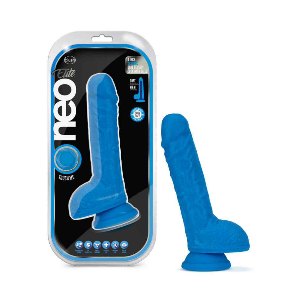 Neo Elite - 9-Inch Silicone Dual-Density Cock With Balls - Neon Blue