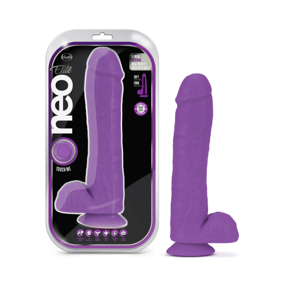 Neo Elite - 11-Inch Silicone Dual-Density Cock With Balls - Neon Purple