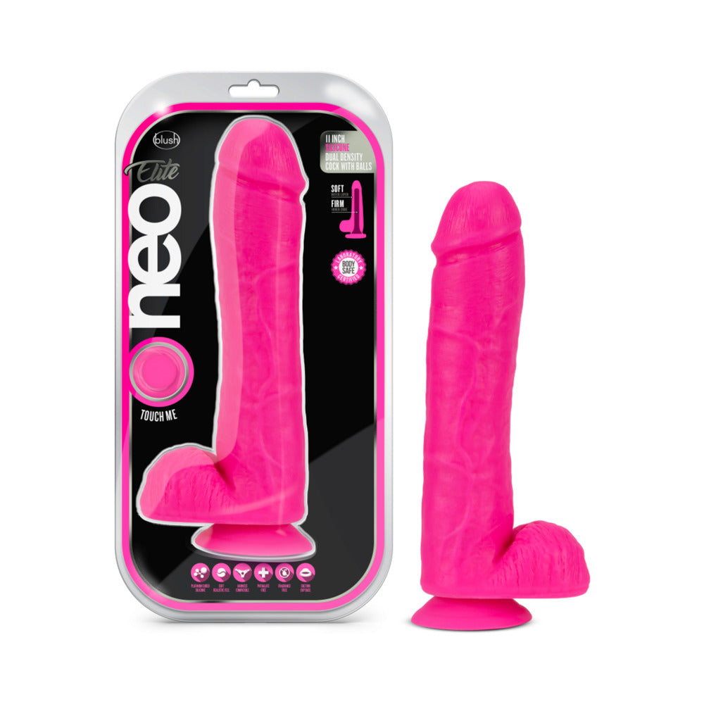 Neo Elite - 11-Inch Silicone Dual-Density Cock With Balls - Neon Pink