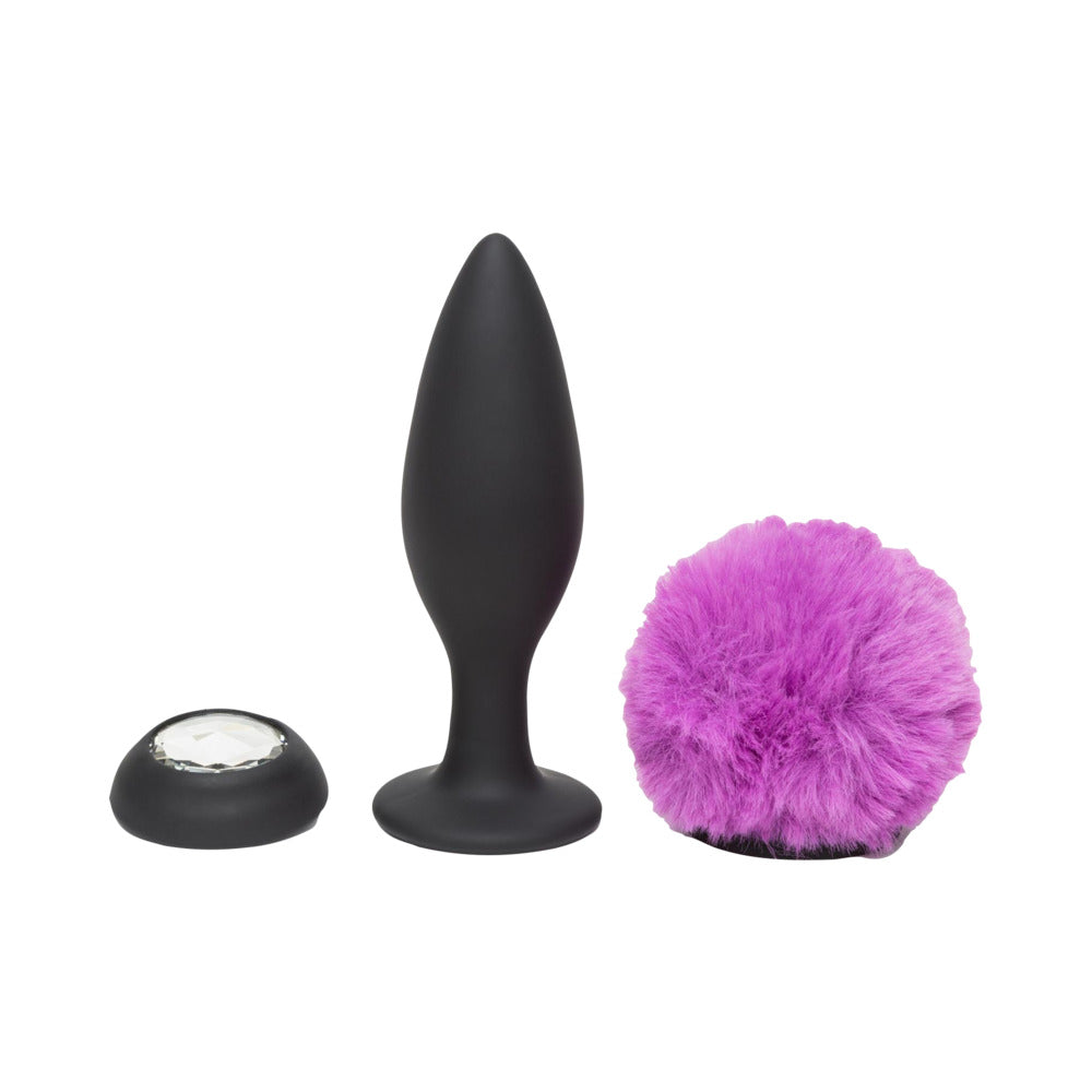 Happy Rabbit Rechargeable Vibrating Butt Plug With Interchangeable Gem And Purple Puff Large