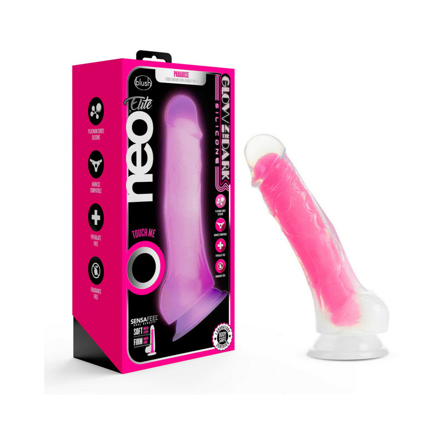 Neo Elite Glow In The Dark Paradise 7.5 In Silicone Cock W/ Balls Neon Pink