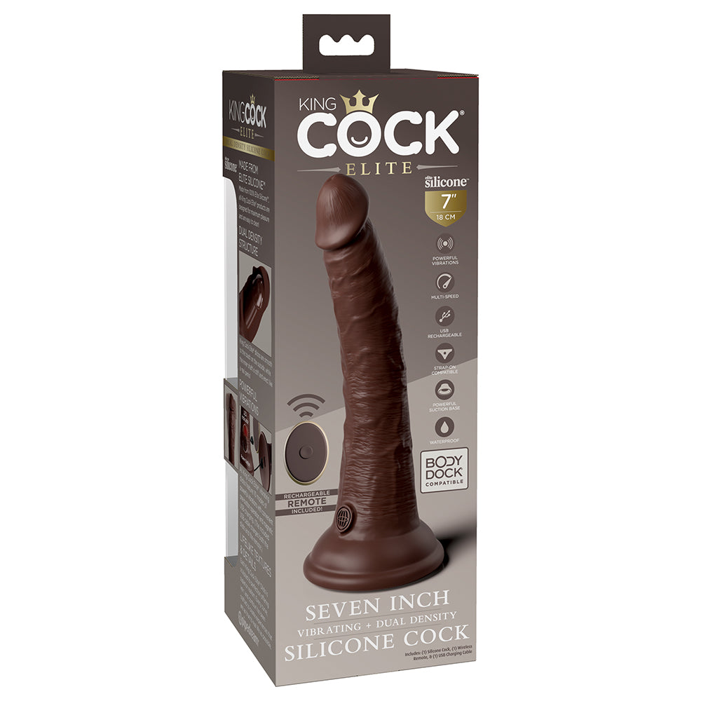 King Cock Elite Vibrating Silicone Dual-Density Cock With Remote 7 In. Brown