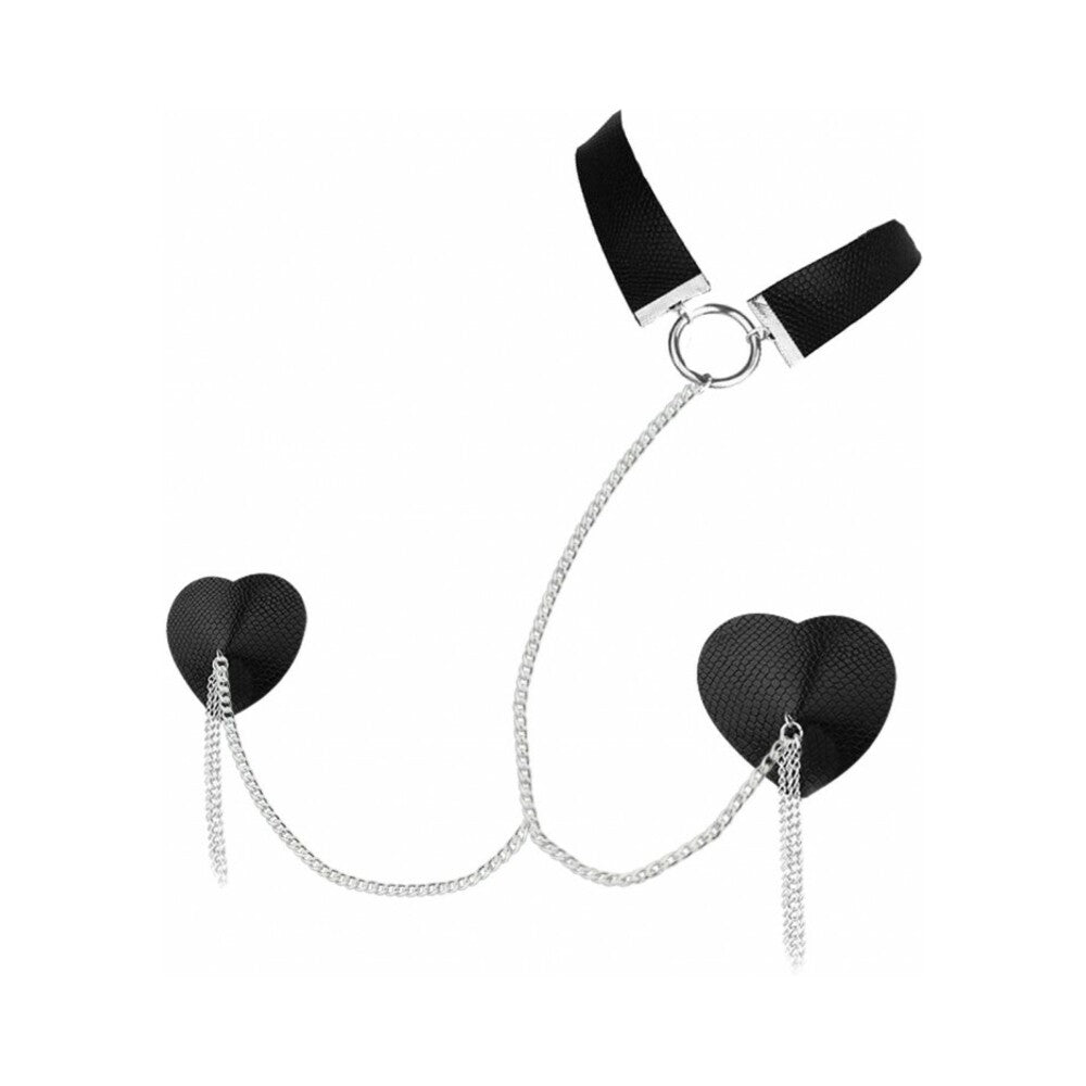 Nipplicious Dominatrix Leather Collar & Pasties With Chain Black