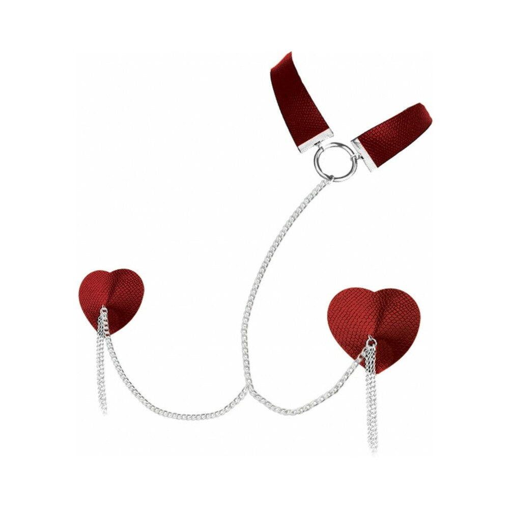 Nipplicious Dominatrix Leather Collar & Pasties With Chain Red