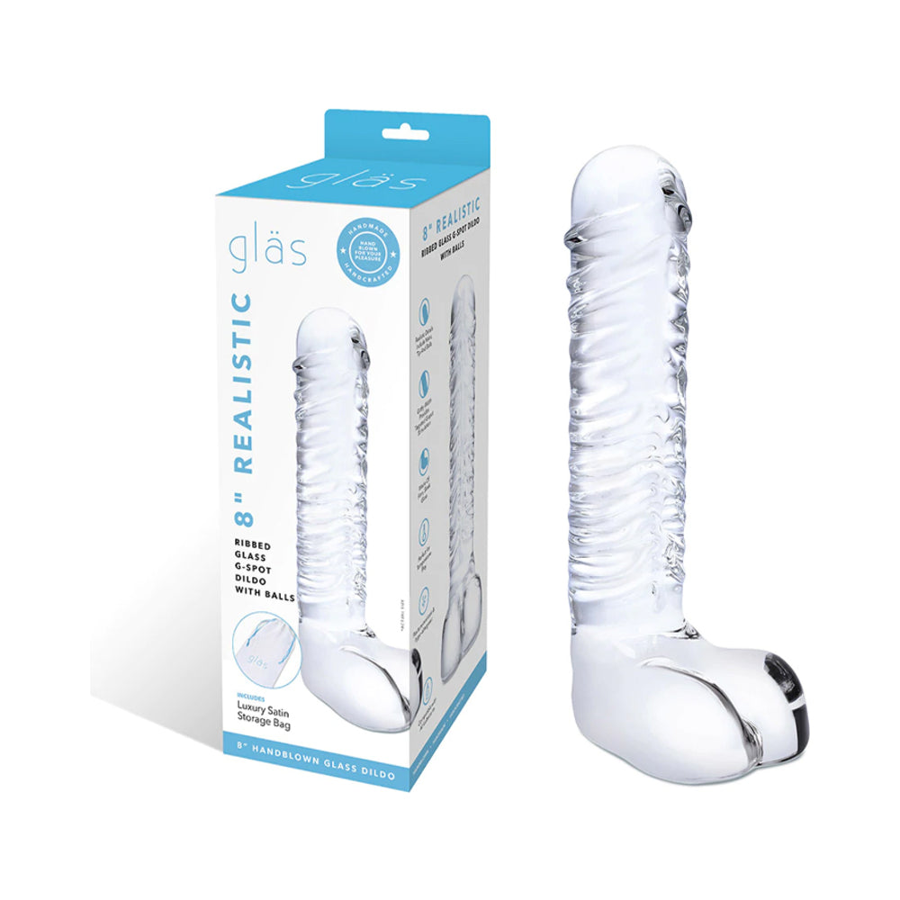 Glas Realistic Ribbed Glass G-Spot Dildo With Balls