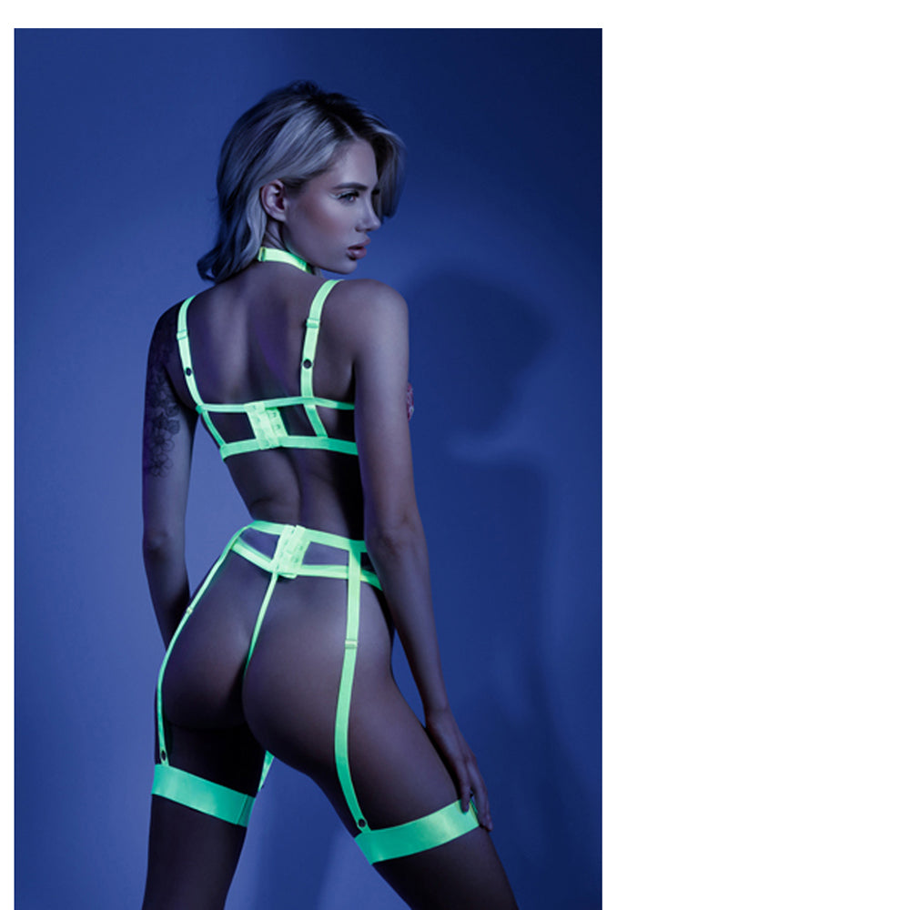 Fantasy Lingerie Glow In A Trance Harnessed Cage Bra, Garter Belt & Panty