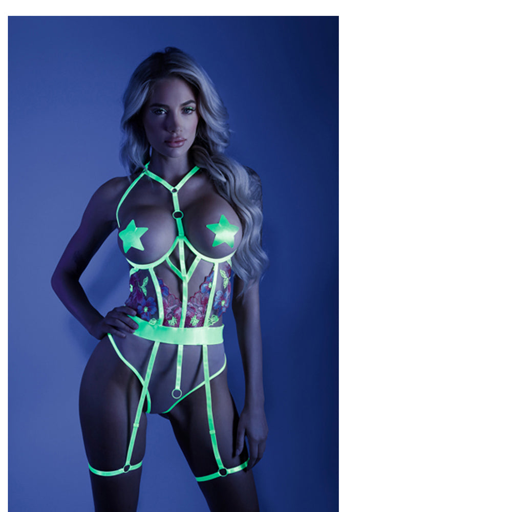 Fantasy Lingerie Glow In A Trance Floral Embroidered Open-Cup Crotchless Teddy With Attached Leg Garters
