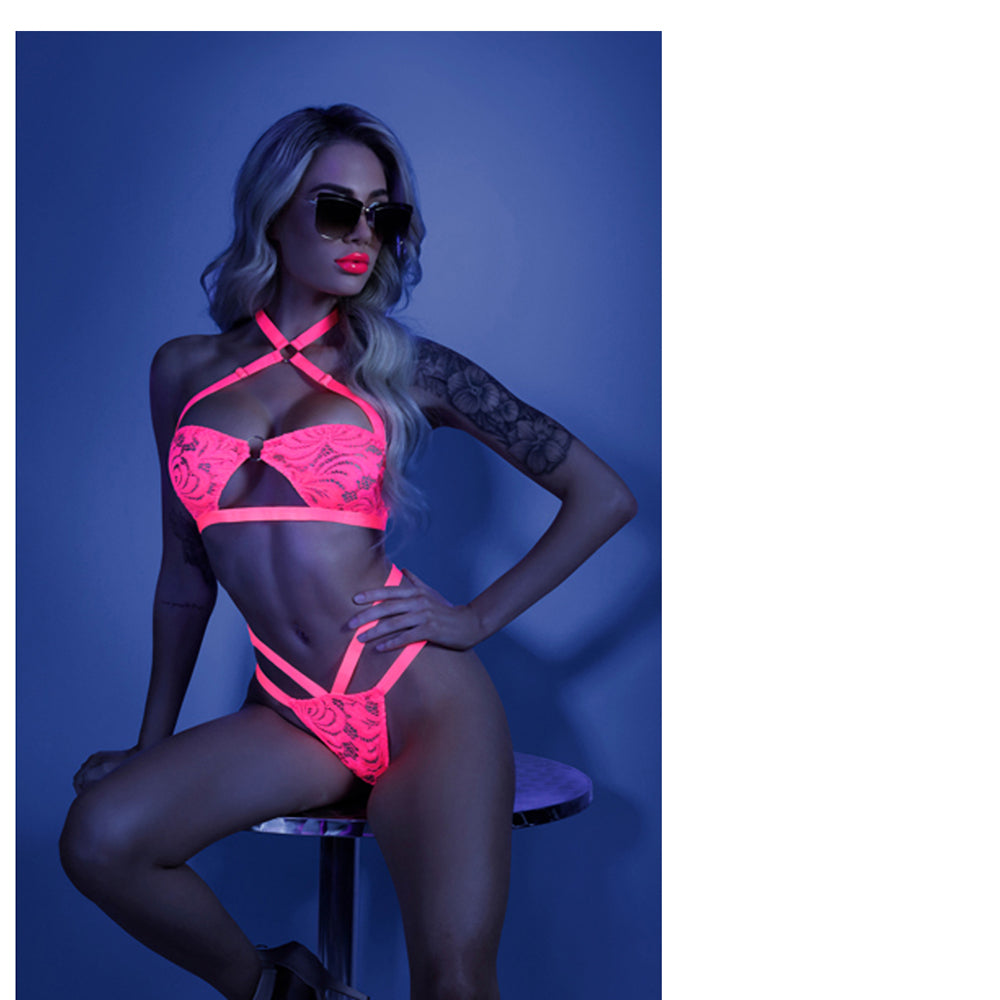 Fantasy Lingerie Glow Lights Off Lace Halter Bralette & Cage Panty