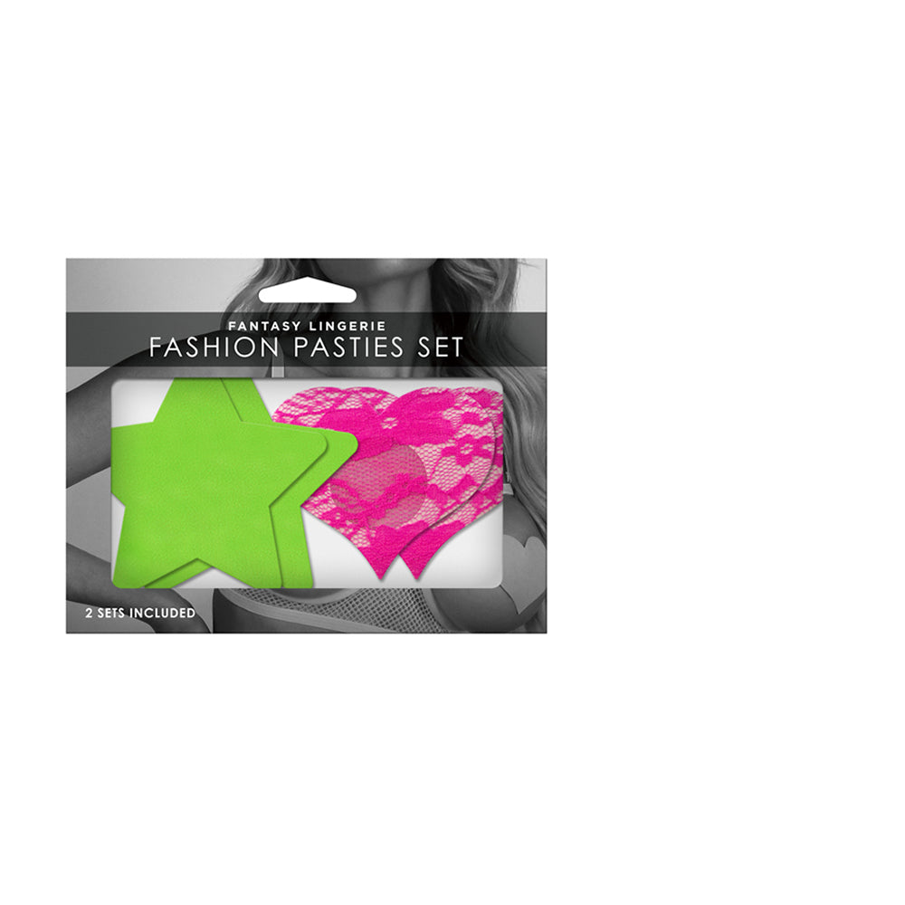 Fashion Pasties Set: Neon Green Solid Star Neon Pink Lace Heart