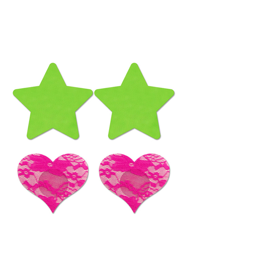 Fashion Pasties Set: Neon Green Solid Star Neon Pink Lace Heart