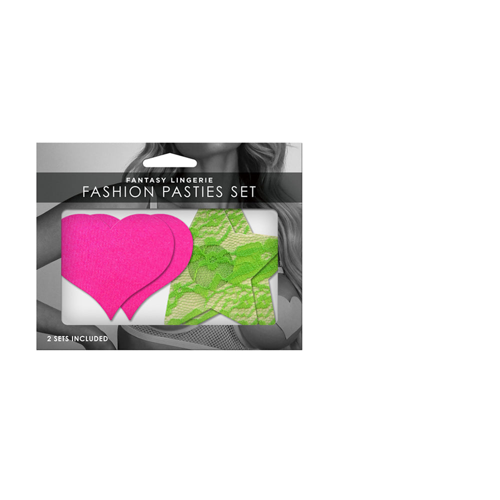 Fashion Pasties Set: Neon Pink Satin Heart Neon Green Lace Star