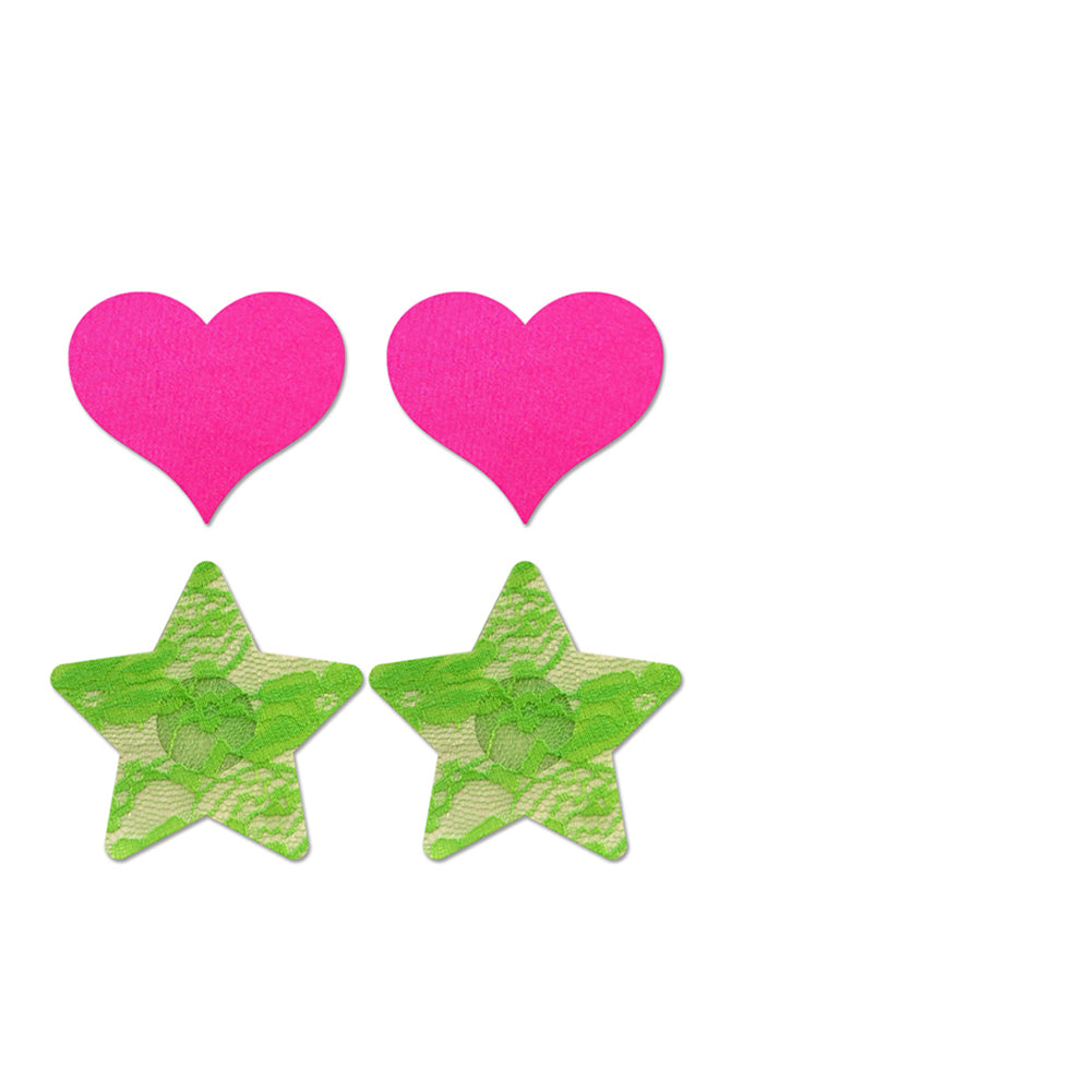 Fashion Pasties Set: Neon Pink Satin Heart Neon Green Lace Star