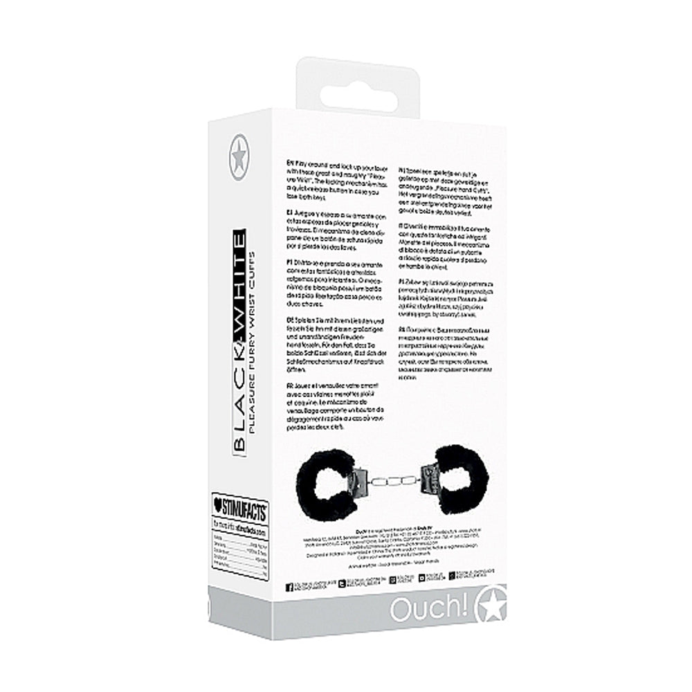 Ouch! Black & White Beginner Pleasure Furry Wrist Cuffs With Quick-Release Button