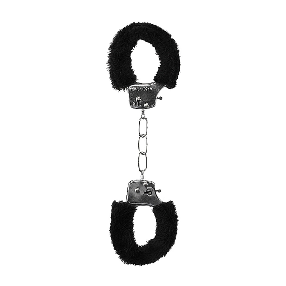 Ouch! Black & White Beginner Pleasure Furry Wrist Cuffs With Quick-Release Button