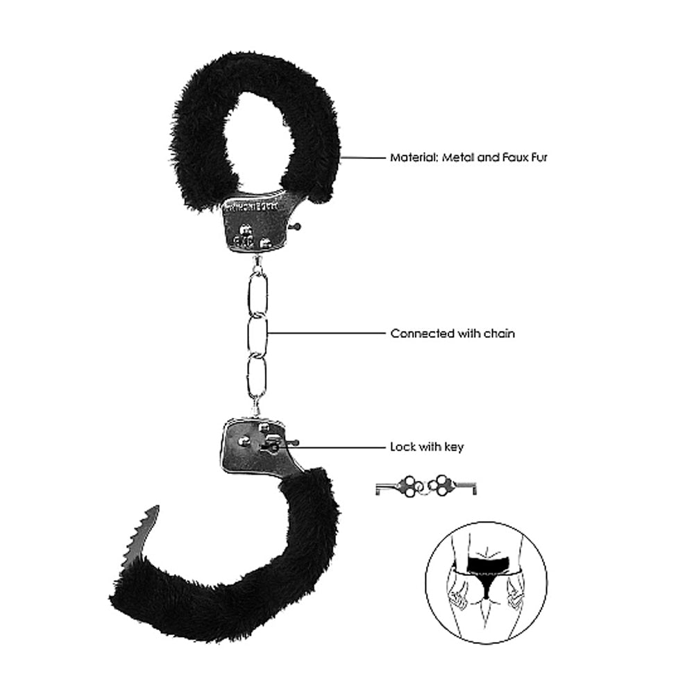 Ouch! Black & White Beginner Pleasure Furry Wrist Cuffs With Quick-Release Button