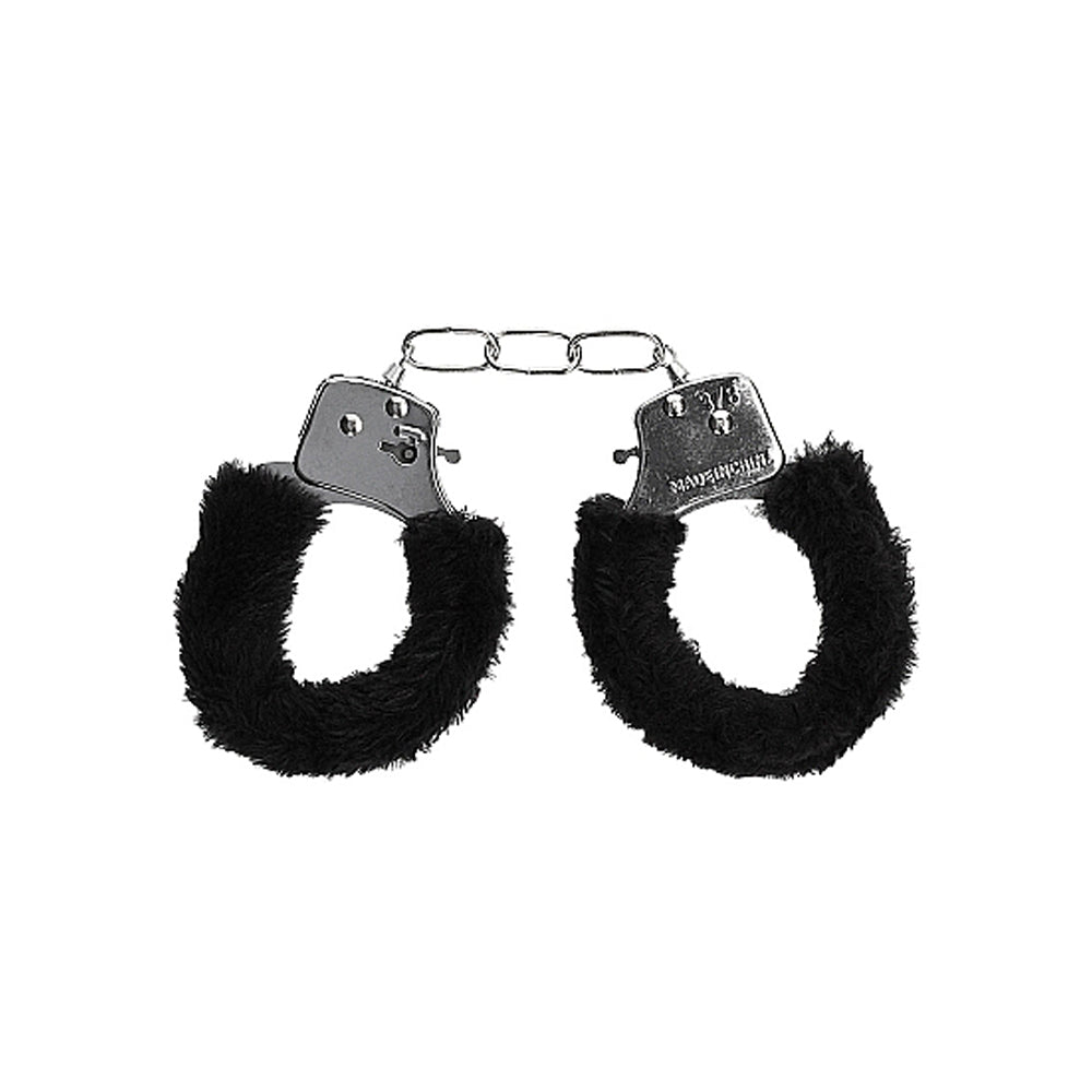 Ouch! Black & White Beginner Pleasure Furry Wrist Cuffs With Quick-Release Button