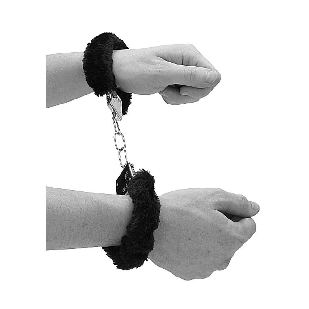 Ouch! Black & White Beginner Pleasure Furry Wrist Cuffs With Quick-Release Button