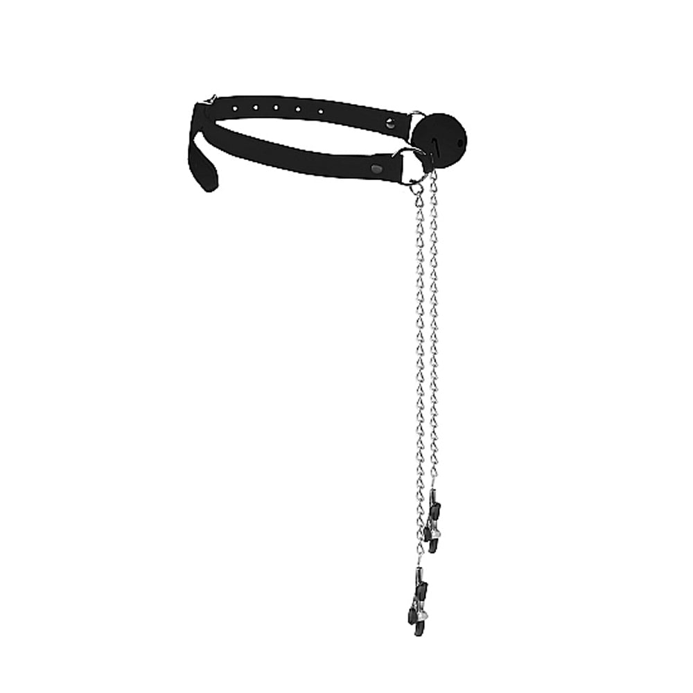 Ouch! Black &amp; White Breathable Ball Gag With Nipple Clamps Black
