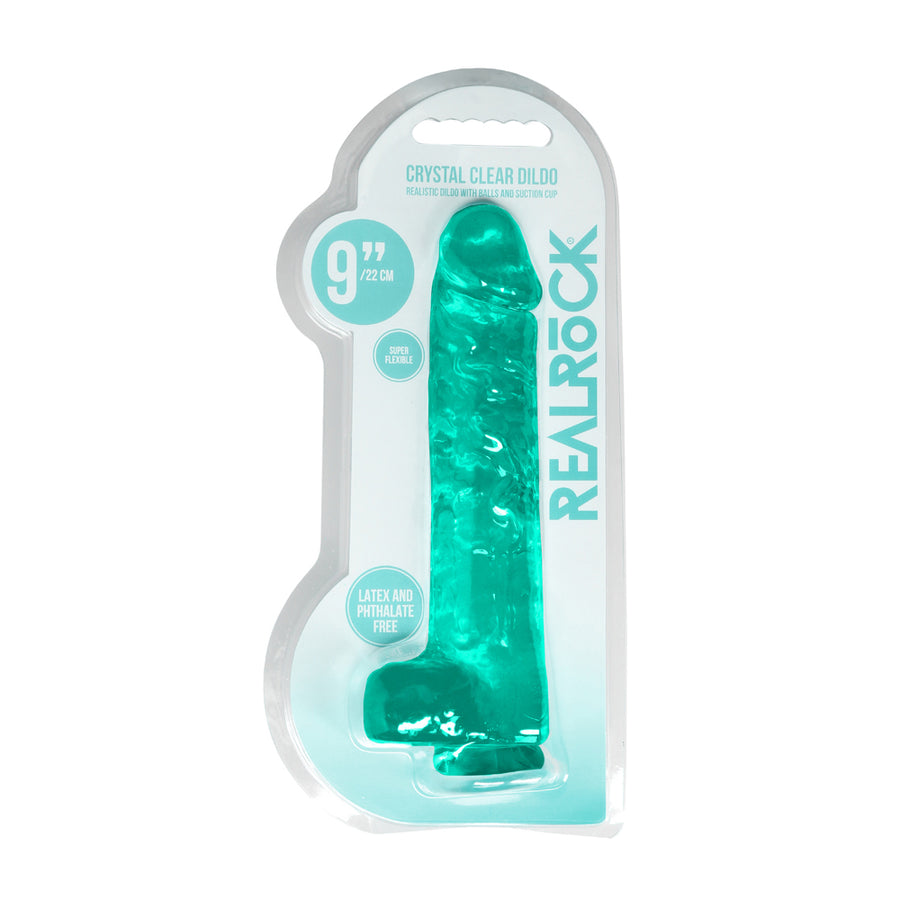 Realrock Crystal Clear  Realistic Dildo With Balls 9 In. Turquoise