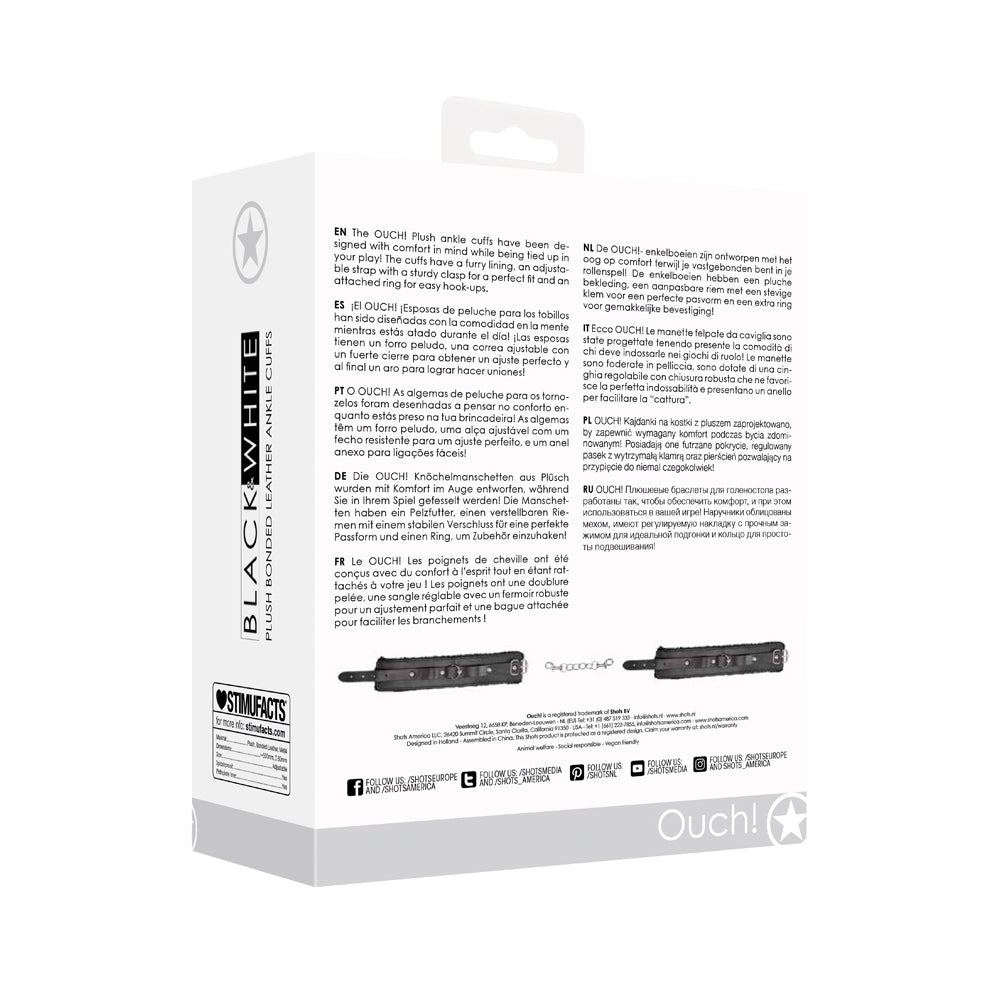 Ouch! Black & White Plush Bonded Leather Ankle Cuffs With Adjustable Straps Black