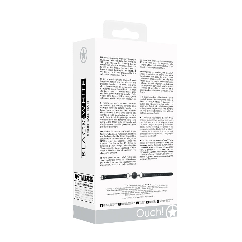 Ouch! Black & White Solid Rubber Ball Gag With Bonded Leather Straps Black