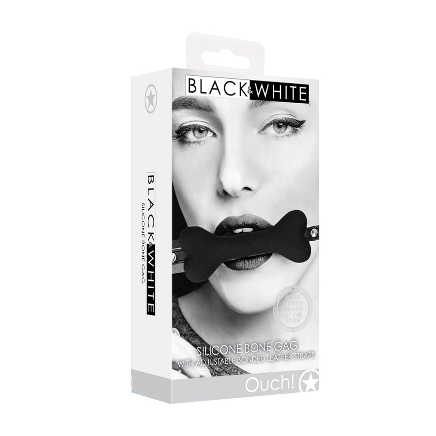 Ouch! Black &amp; White Silicone Bone Gag With Adjustable Bonded Leather Straps Black