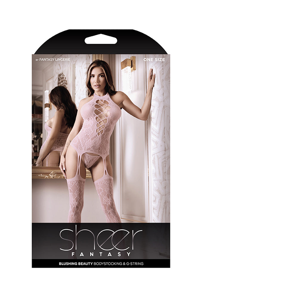 Fantasy Lingerie Sheer Blushing Beauty High-Neck Gartered Lace Fishnet Bodystocking & Matching G-String O/S