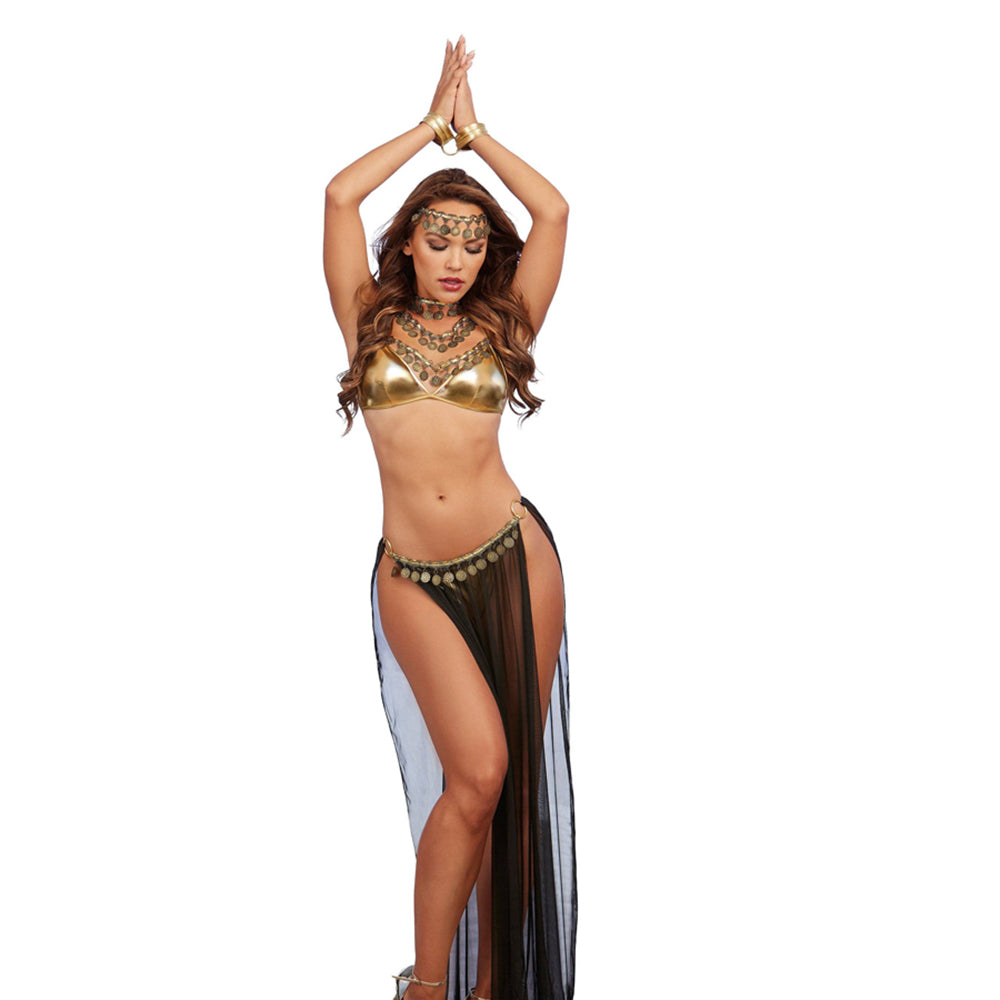 4 Pc Harem Gypsy Bralette, Skirted G-String , Headband & Wrist Restraints Black/Gold O/S