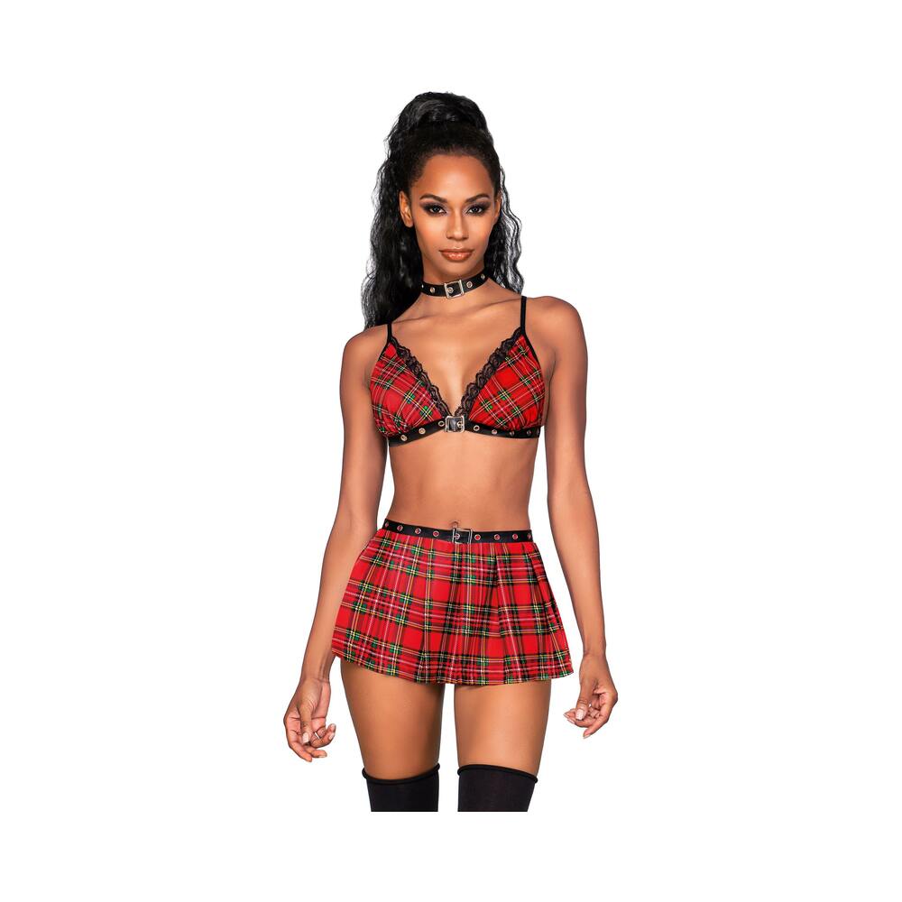 3 pc Detention Hall Hottie Bralette, Mini Skirt &amp; Choker Red Plaid O/S