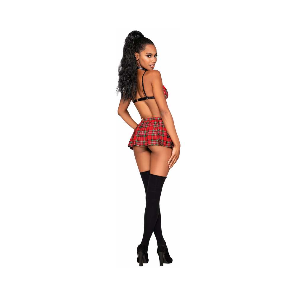 3 pc Detention Hall Hottie Bralette, Mini Skirt &amp; Choker Red Plaid O/S