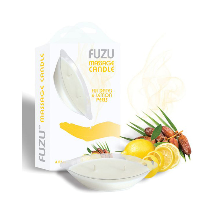 Fuzu Massage Candle Fiji Dates &amp; Lemon Peel White 4 Oz.