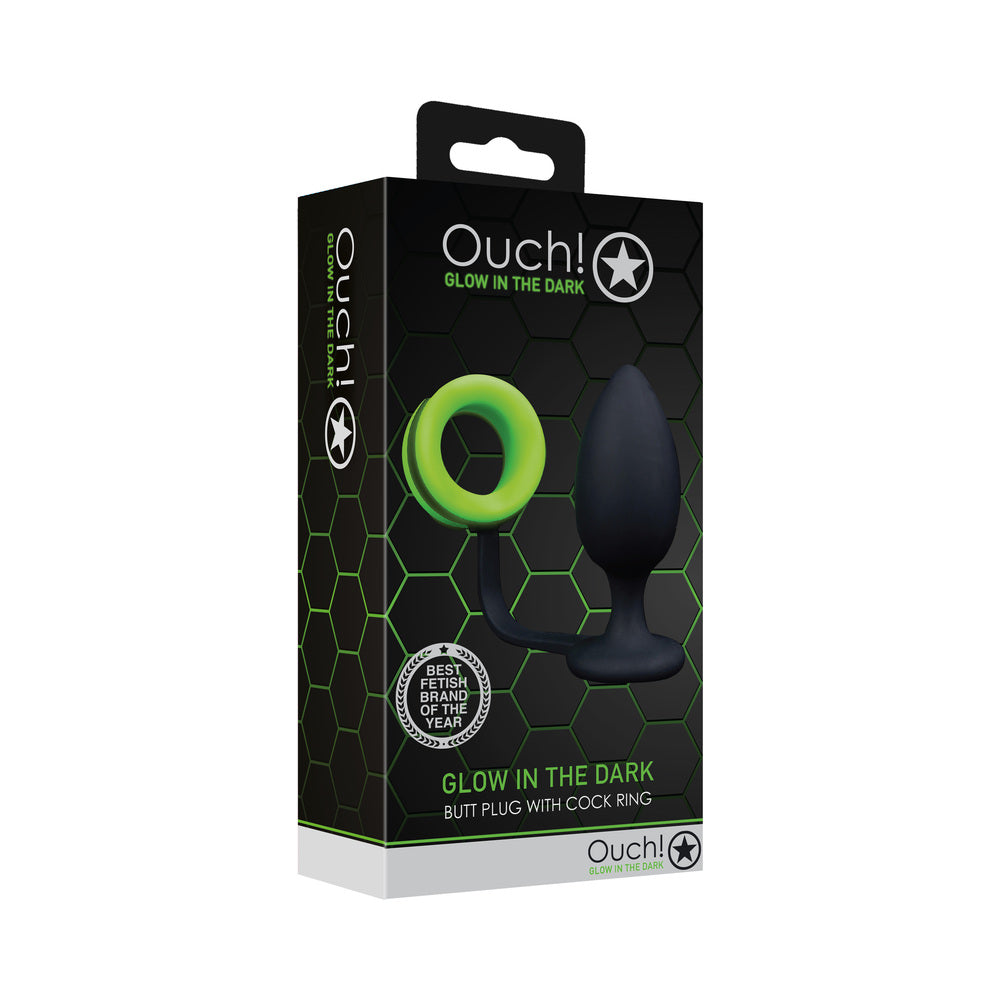 Ouch! Glow In The Dark Silicone Anal Plug With Detachable Cockring Neon Green