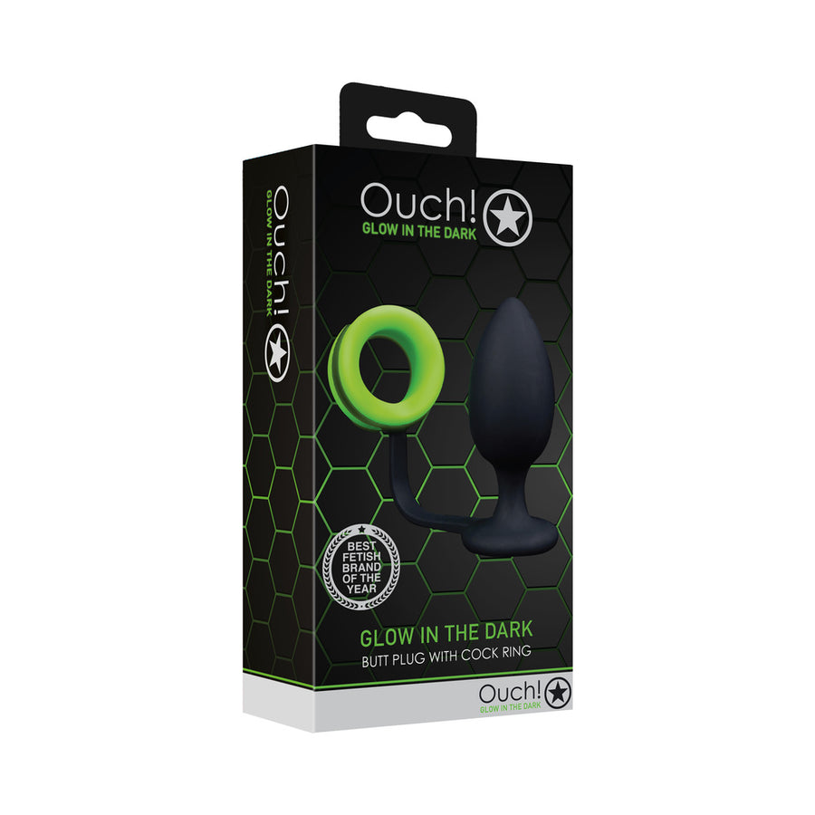 Ouch! Glow In The Dark Silicone Anal Plug With Detachable Cockring Neon Green