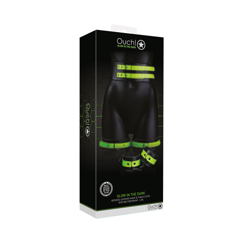 Ouch! Glow Thigh Cuffs, Hand Cuffs & Belt - Glow In The Dark - Green - L/Xl