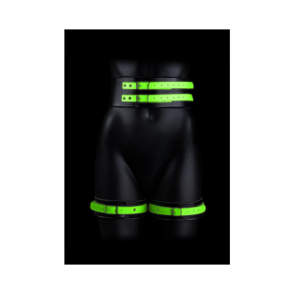 Ouch! Glow Thigh Cuffs, Hand Cuffs & Belt - Glow In The Dark - Green - L/Xl