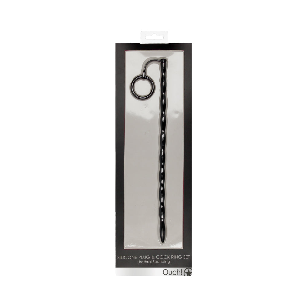 Silicone Plug & Cock Ring Set - Urethral Sounding - Black
