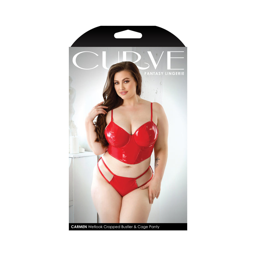 Curve Carmen Wetlook Cropped Bustier &amp; Matching Cage Panty 1x/2x Red