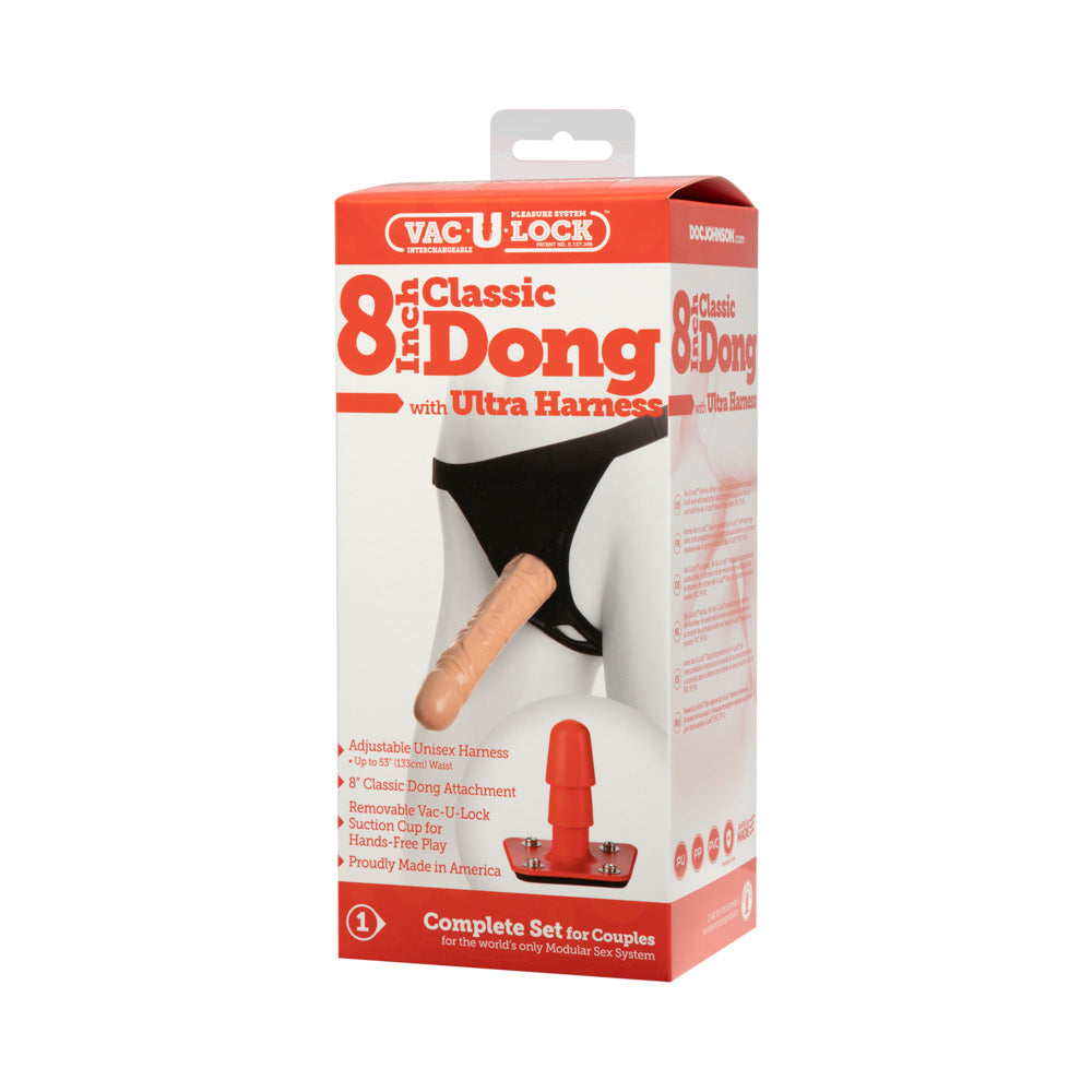 Vac-U-Lock Set 8" Classic Dong With Ultra Harness