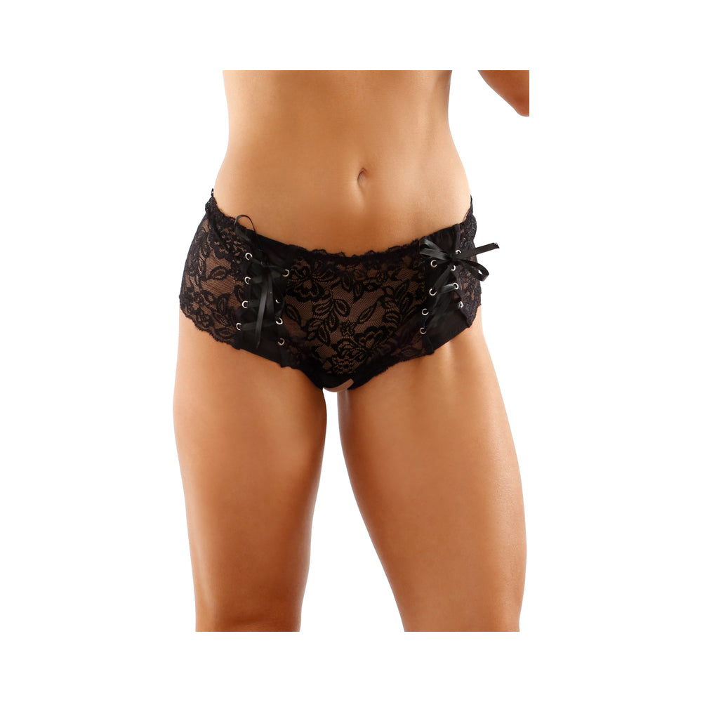 Magnolia Crotchless Lace Boyshort With Lace-Up Panel Details Black L/Xl