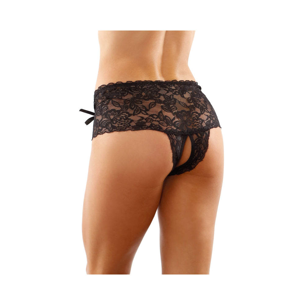 Magnolia Crotchless Lace Boyshort With Lace-Up Panel Details Black L/Xl