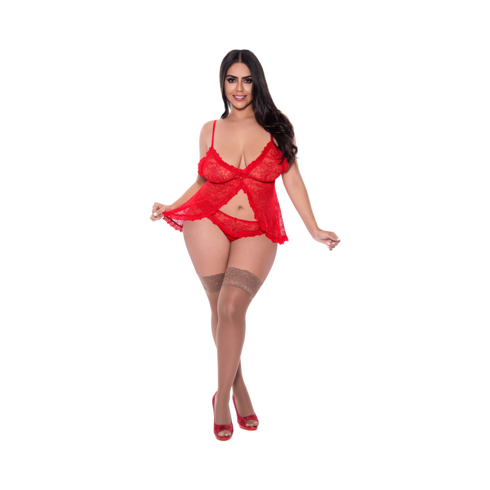 Magic Silk Ooh La Lace Babydoll & Split Crotch Panty Set Red Queen Size