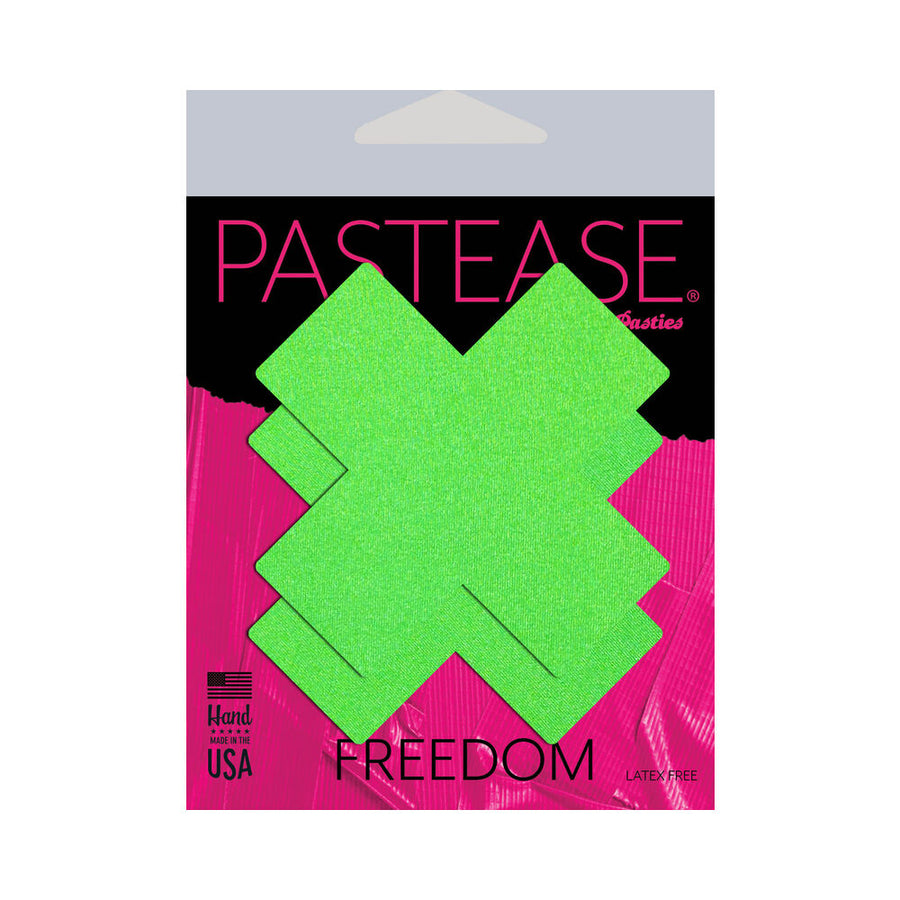 Pastease Plus X: Neon Green Day-glow Lycra Cross Nipple Pasties