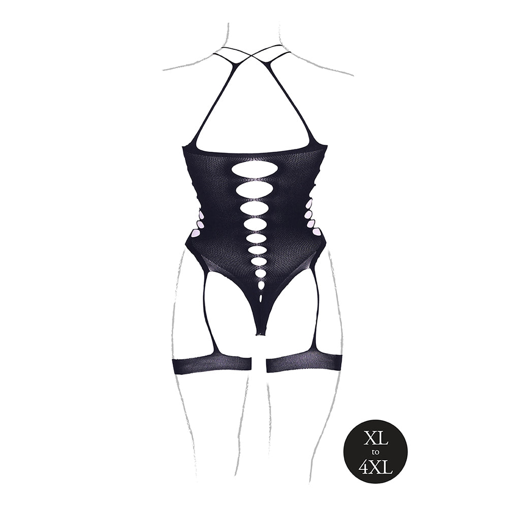 Shots Le Desir Shade Metis Xvi Bodysuit With Garters &amp; Crossed Neckline Black Queen Size