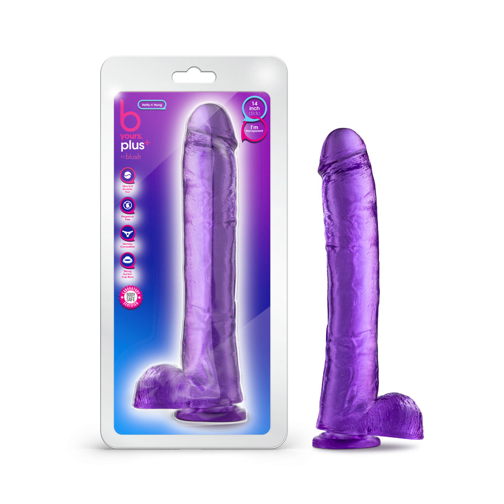 Blush B Yours Plus Hefty N Hung 14 In. Dildo With Balls & Suction Cup Purple
