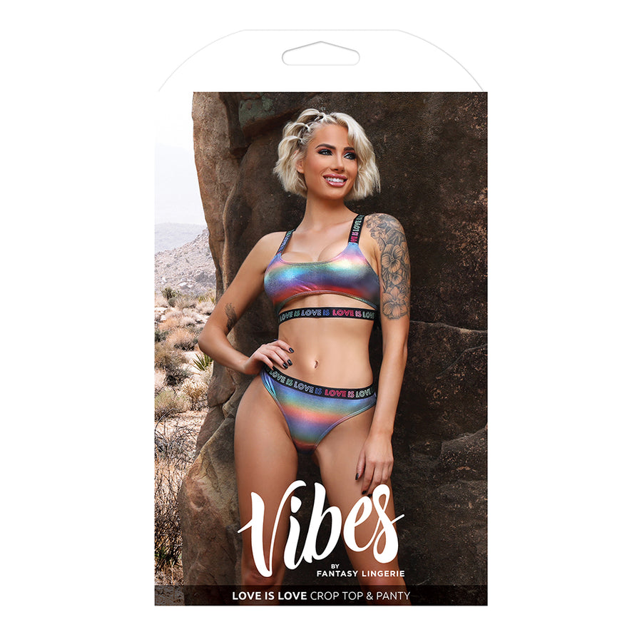 Fantasy Lingerie Vibes Love Is Love Underboob Cut Out Top &amp; Cheeky Panty Rainbow Holo S/m