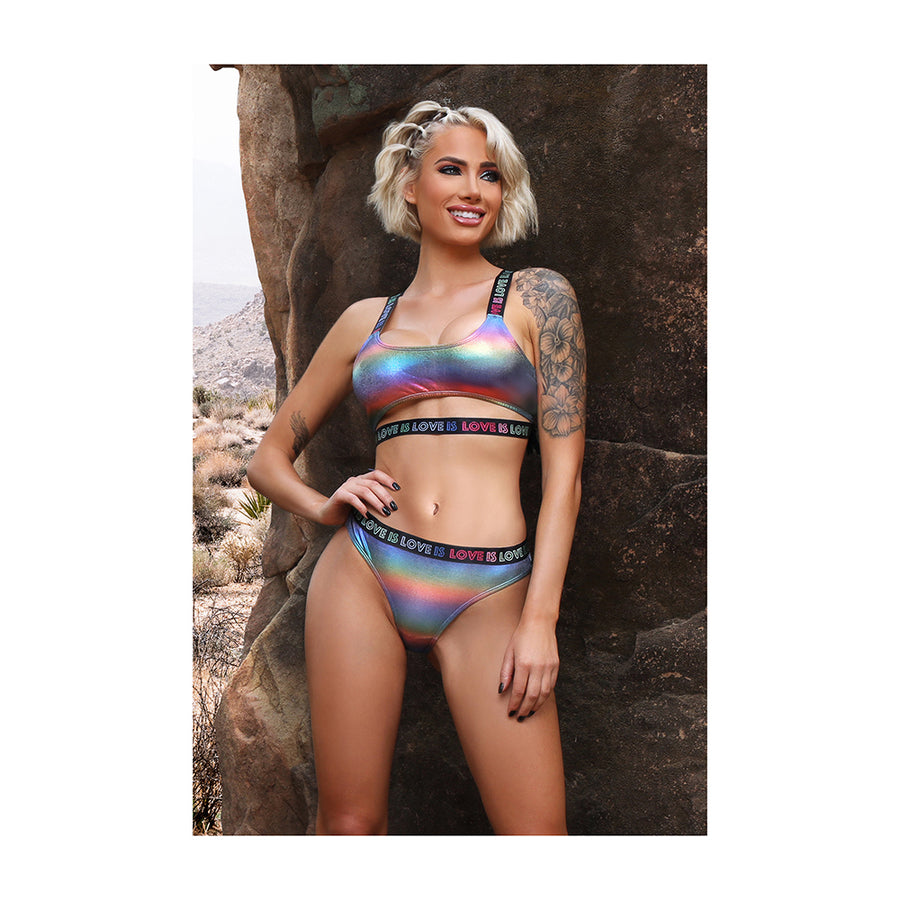 Fantasy Lingerie Vibes Love Is Love Underboob Cut Out Top &amp; Cheeky Panty Rainbow Holo M/l